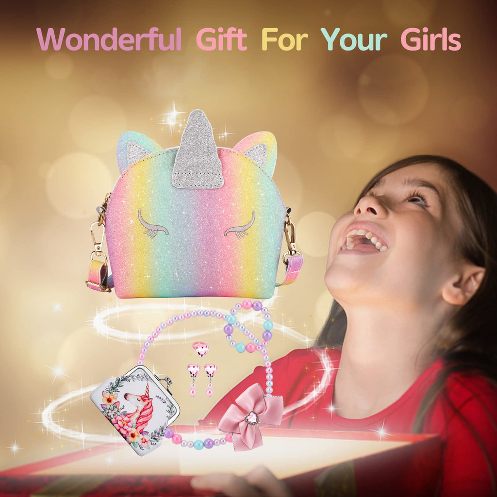 JYPS 7-Piece Toddler Purse Set for Girls - Unicorn Theme Pretend Play with Accessories