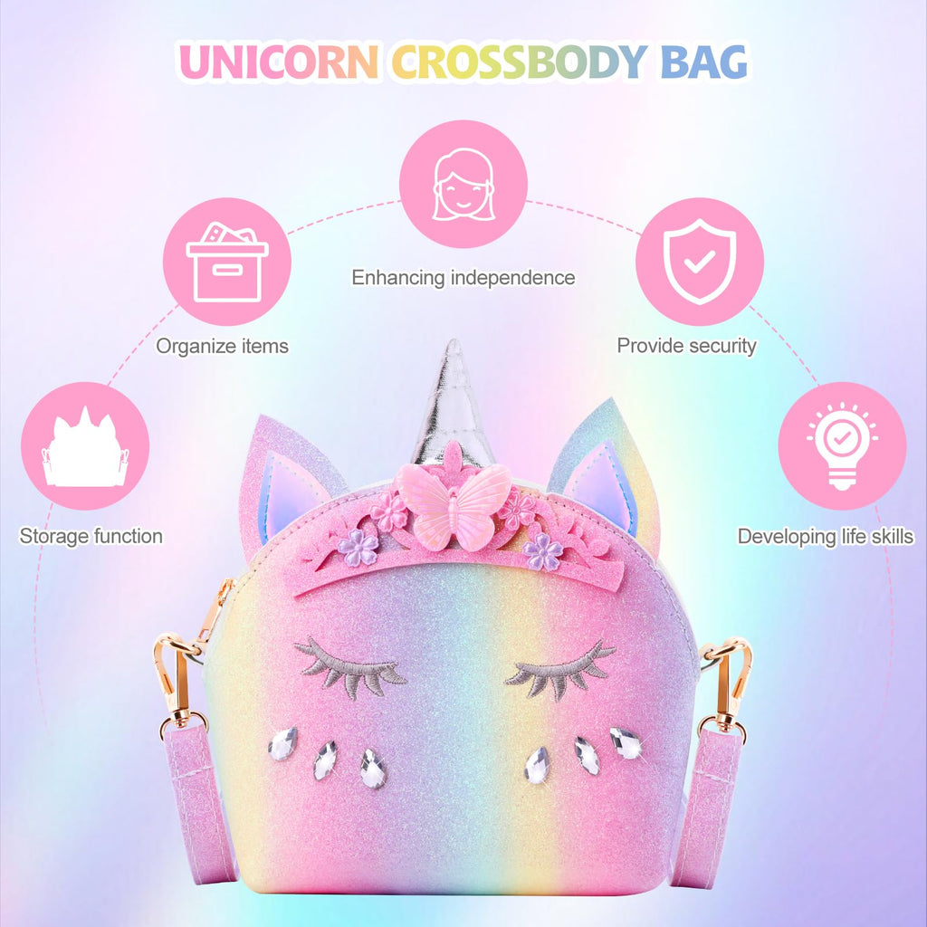 JYPS 7-Piece Toddler Purse Set with Pretend Play Jewelry – Unicorn Rainbow Crown Design for Girls Ages 2-9