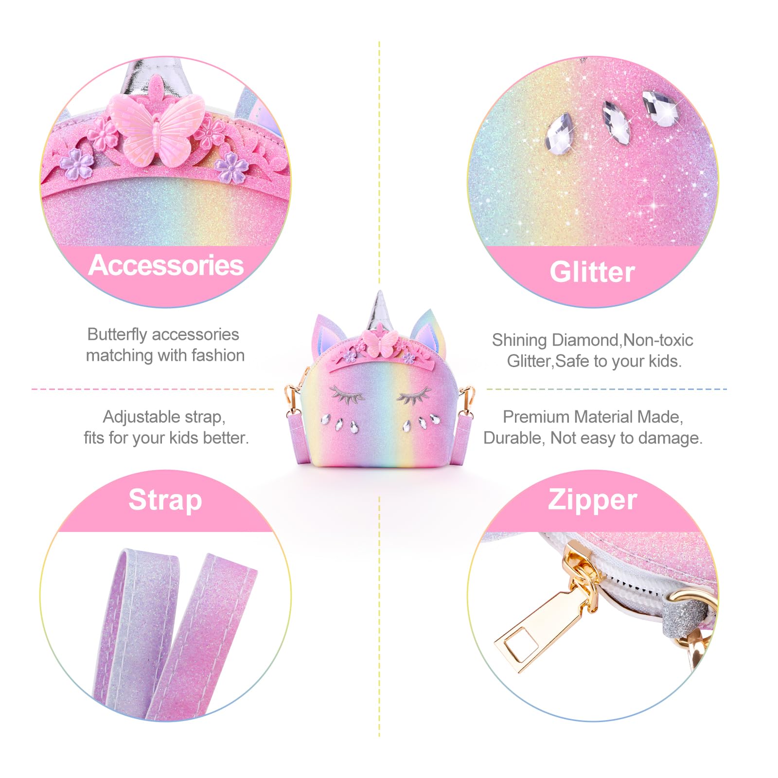 JYPS 7-Piece Toddler Purse Set with Pretend Play Jewelry – Unicorn Rainbow Crown Design for Girls Ages 2-9