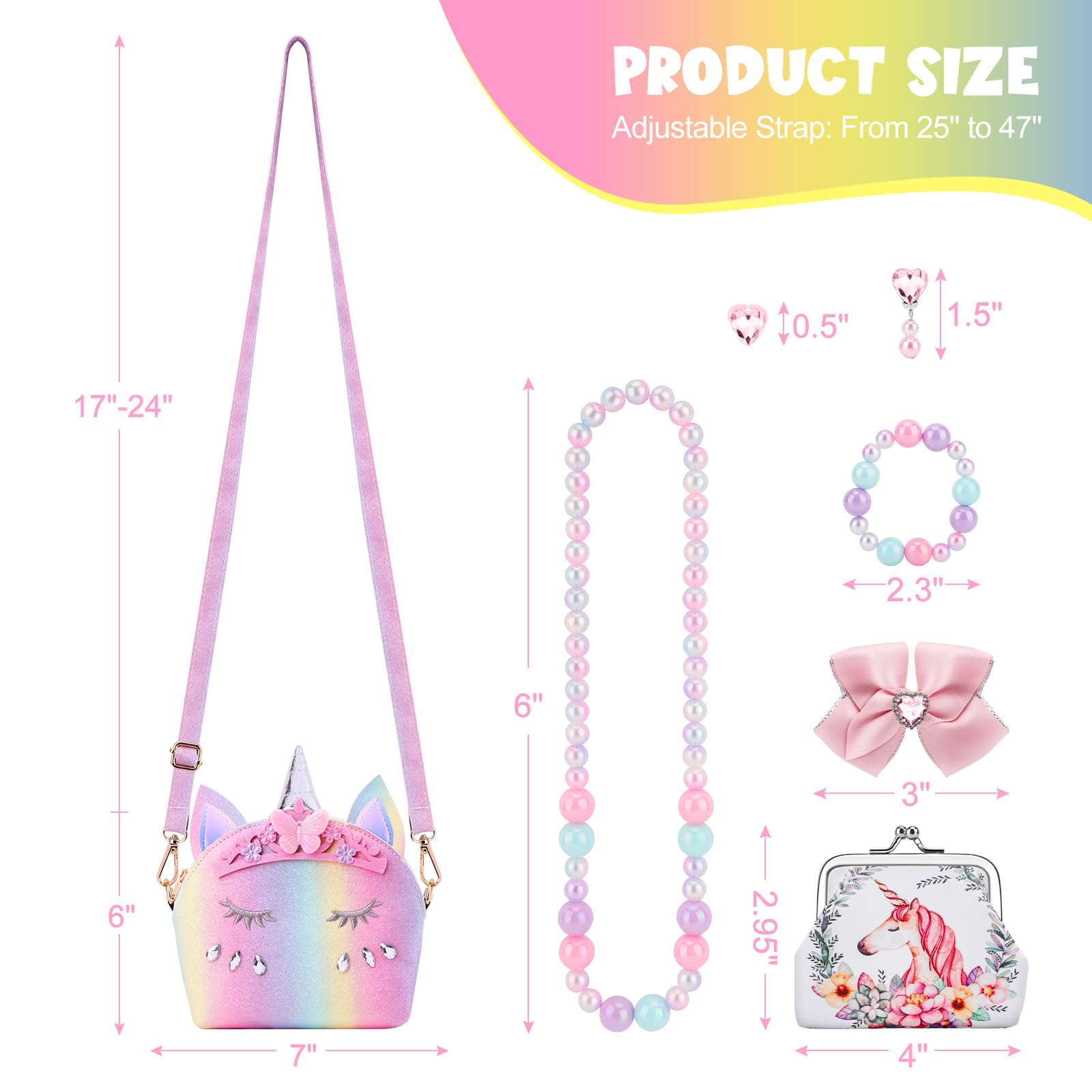 JYPS 7-Piece Toddler Purse Set with Pretend Play Jewelry – Unicorn Rainbow Crown Design for Girls Ages 2-9