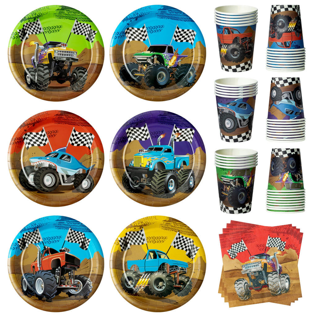 K1tpde Monster Truck Party Tableware Set – 90-Piece Disposable Plates, Cups & Napkins for 30 Guests