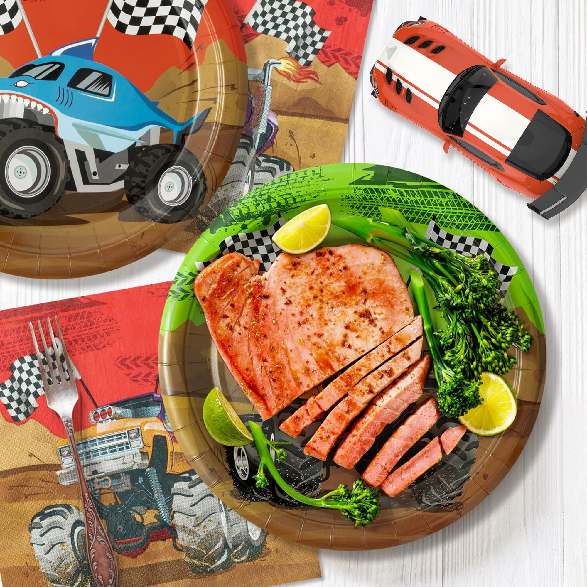 K1tpde Monster Truck Party Tableware Set – 90-Piece Disposable Plates, Cups & Napkins for 30 Guests
