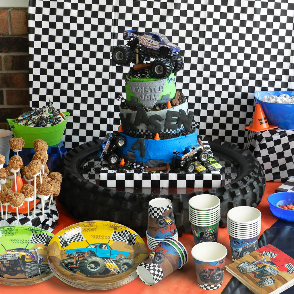 K1tpde Monster Truck Party Tableware Set – 90-Piece Disposable Plates, Cups & Napkins for 30 Guests