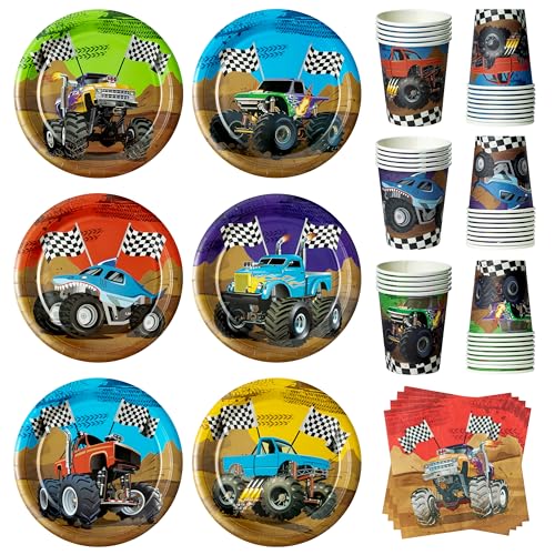 K1tpde Monster Truck Party Tableware Set – 90-Piece Disposable Plates, Cups & Napkins for 30 Guests