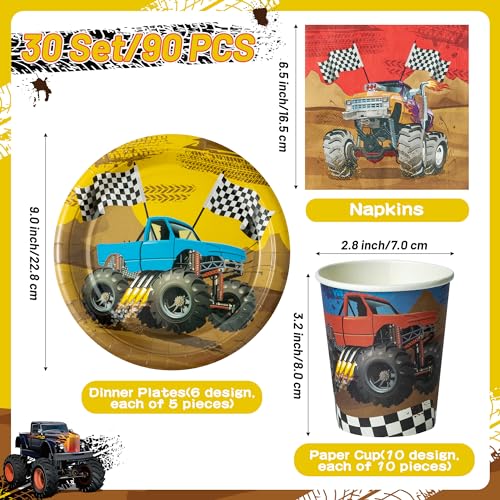 K1tpde Monster Truck Party Tableware Set – 90-Piece Disposable Plates, Cups & Napkins for 30 Guests
