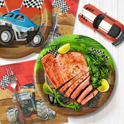 K1tpde Monster Truck Party Tableware Set – 90-Piece Disposable Plates, Cups & Napkins for 30 Guests