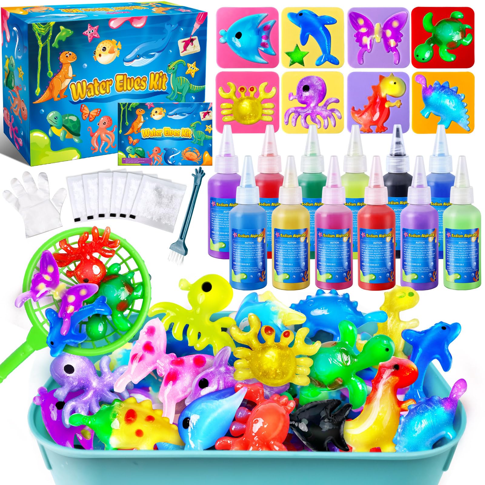 Kacwsoay Magic Water Elf Toy Kit: 12 Colors, 8 Animal Molds, DIY Squishies for Kids Ages 5+