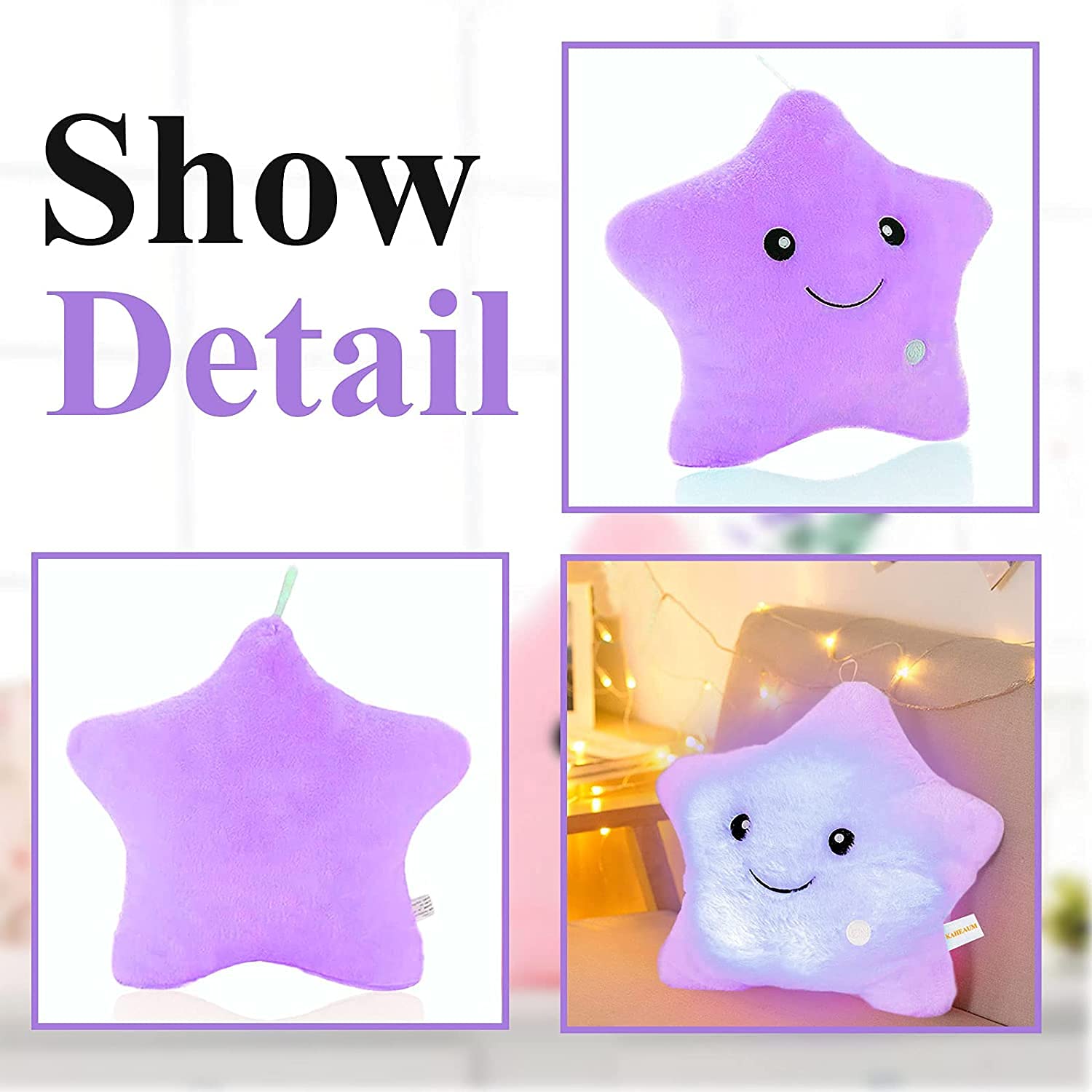 KAHEAUM Glowing Star Pillow for Kids - Soft Plush Throw Pillow with Light Up Feature, Purple