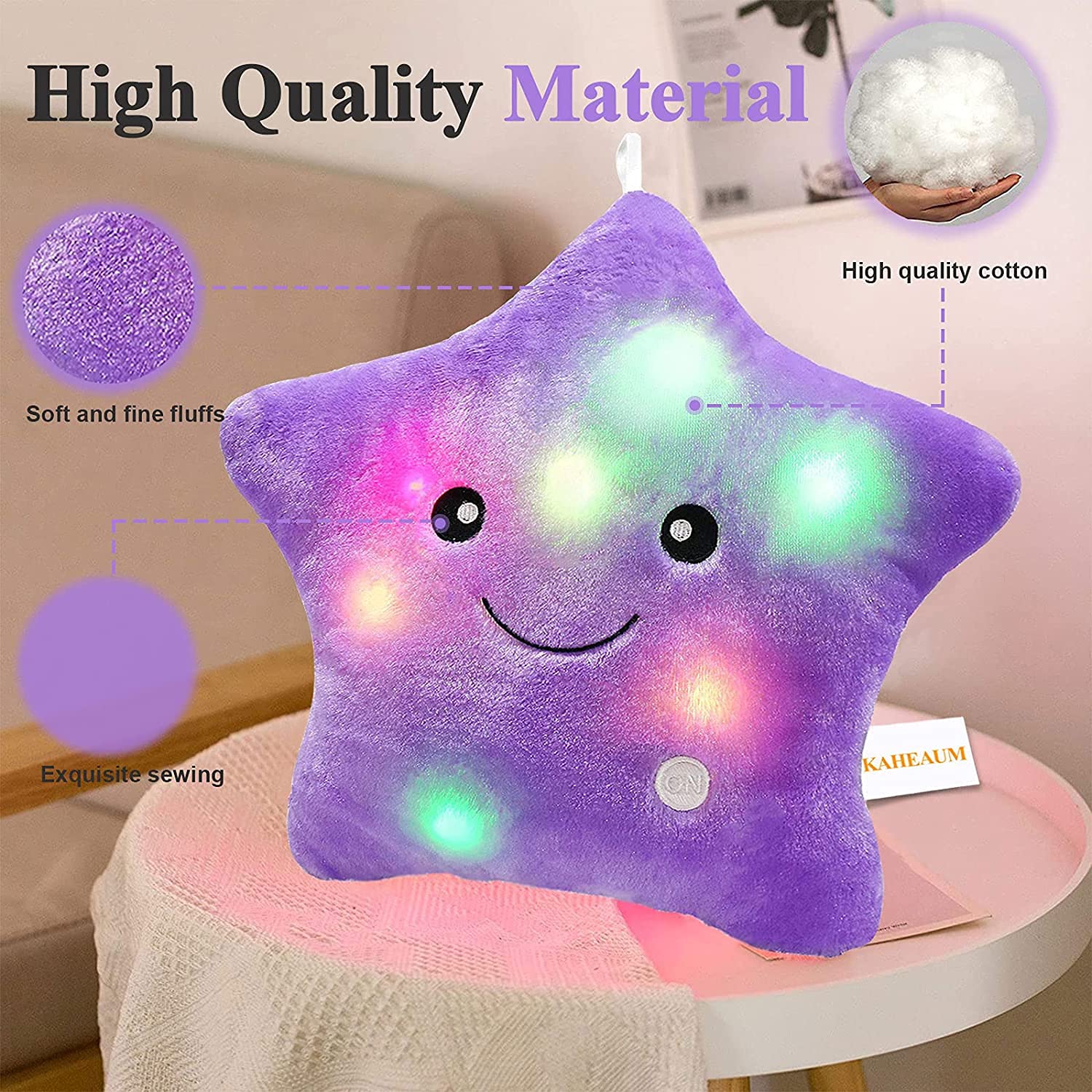 KAHEAUM Glowing Star Pillow for Kids - Soft Plush Throw Pillow with Light Up Feature, Purple