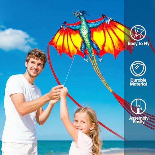 Kaiciuss Yellow Dragon Kite – Easy to Fly, 59in, 300ft String, for Kids & Adults