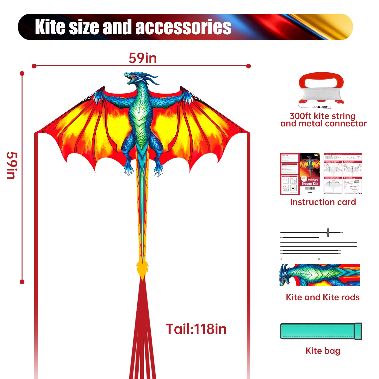 Kaiciuss Yellow Dragon Kite – Easy to Fly, 59in, 300ft String, for Kids & Adults