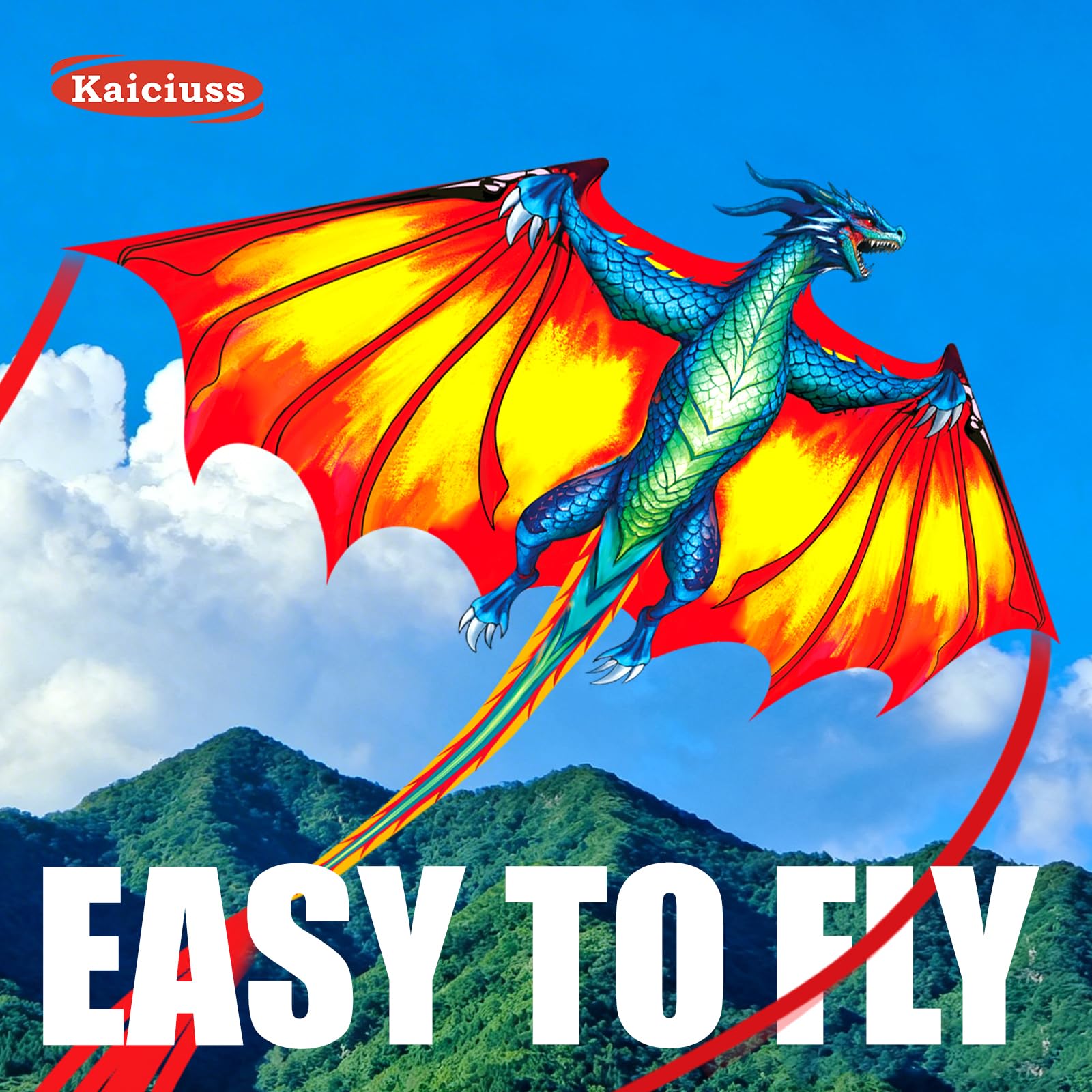 Kaiciuss Yellow Dragon Kite – Easy to Fly, 59in, 300ft String, for Kids & Adults