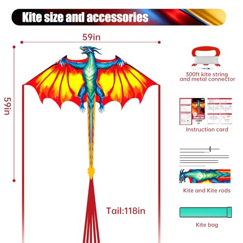 Kaiciuss Yellow Dragon Kite – Easy to Fly, 59in, 300ft String, for Kids & Adults
