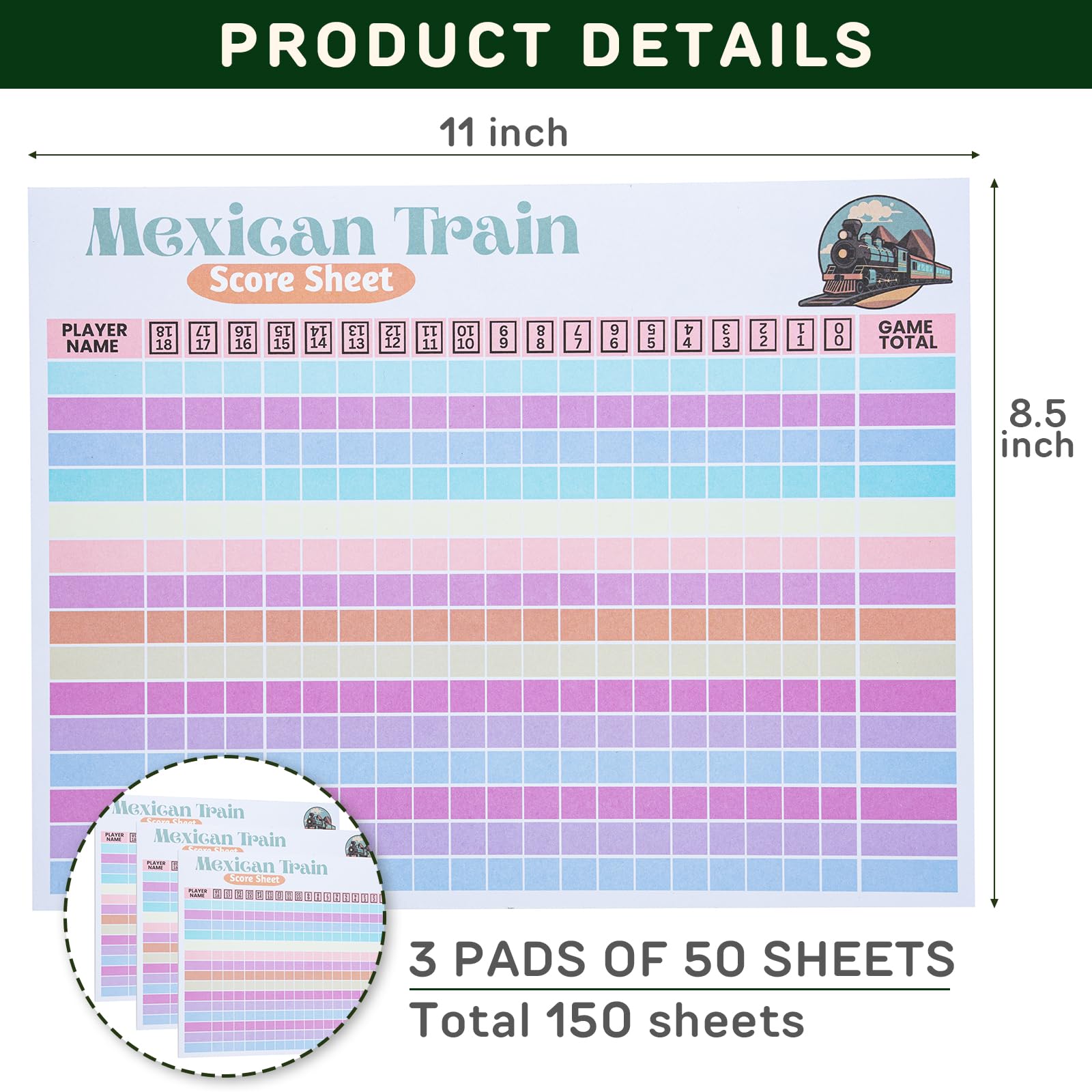 KAIU Mexican Train Score Pads – 150 Sheets, 18 Rounds per Sheet, Color-Coded Columns for Domino Games