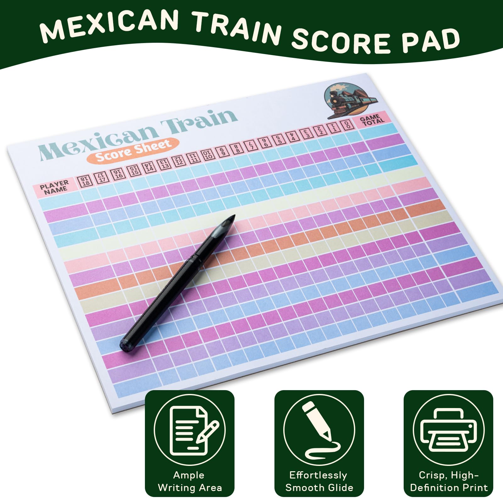 KAIU Mexican Train Score Pads – 150 Sheets, 18 Rounds per Sheet, Color-Coded Columns for Domino Games