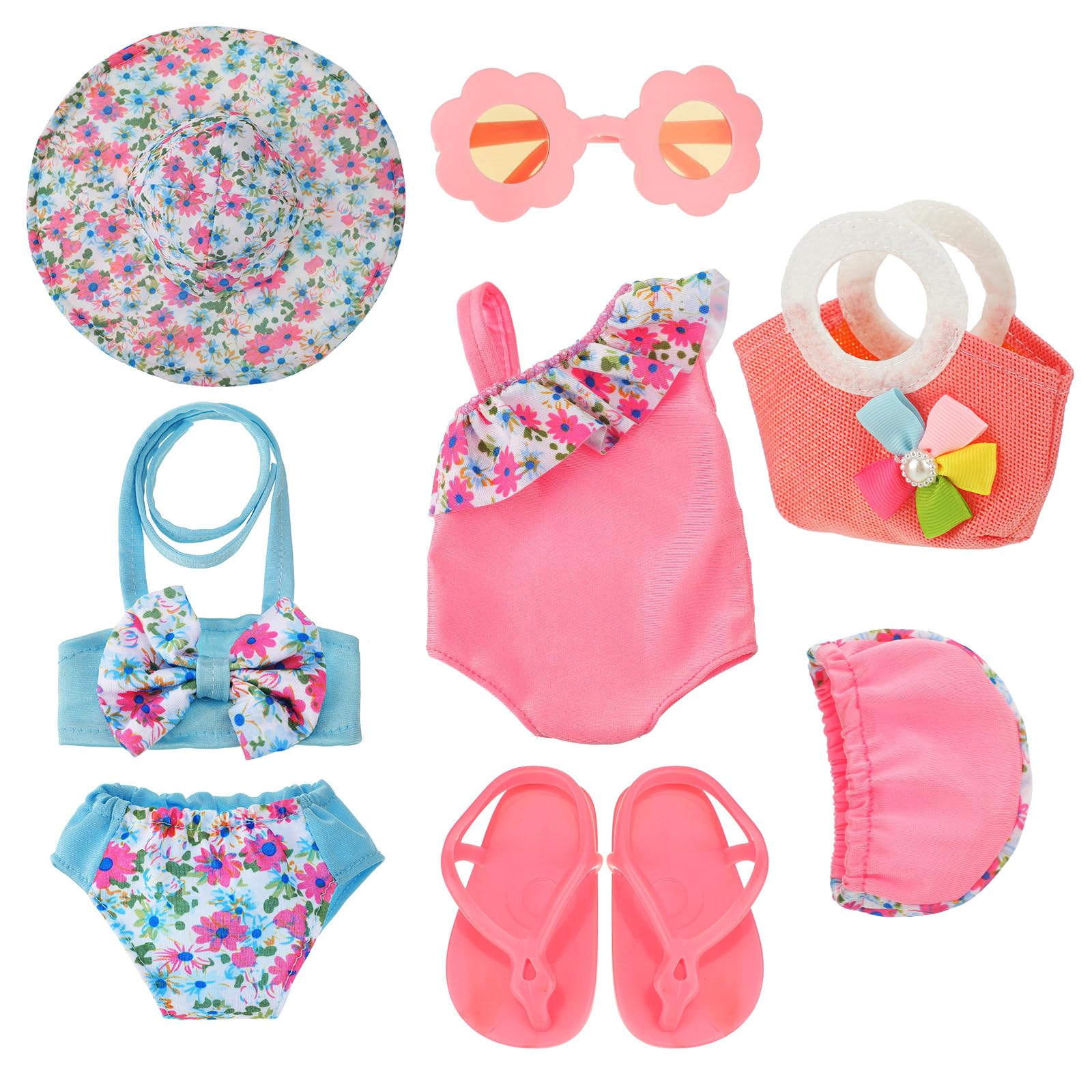 Kajaia 8-Piece 18 Inch Doll Beach Outfit Set with Swimsuits, Sunglasses, Hat and More