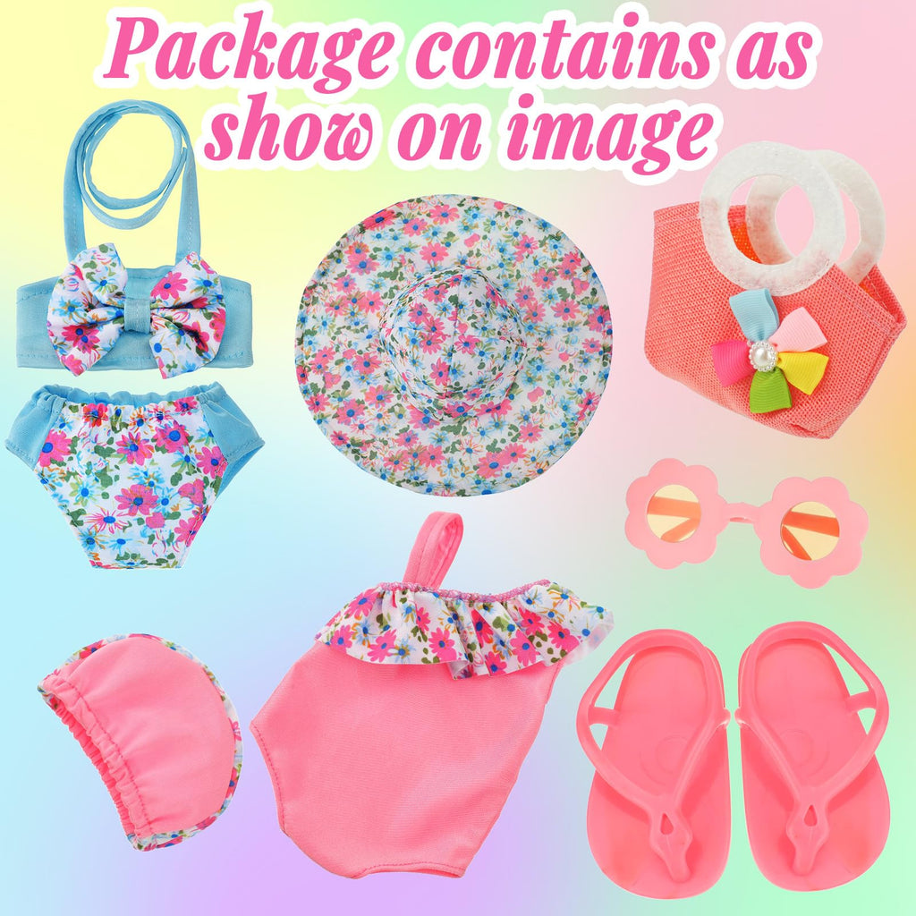 Kajaia 8-Piece 18 Inch Doll Beach Outfit Set with Swimsuits, Sunglasses, Hat and More