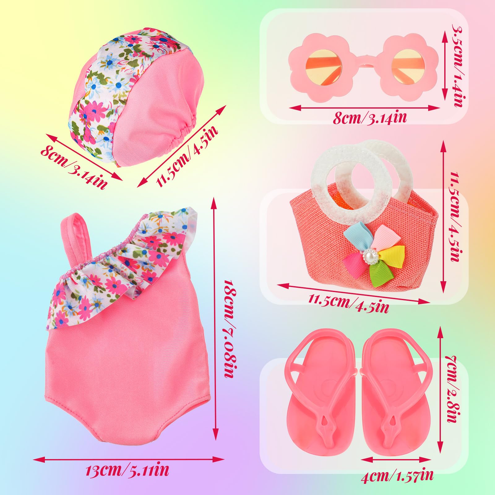 Kajaia 8-Piece 18 Inch Doll Beach Outfit Set with Swimsuits, Sunglasses, Hat and More