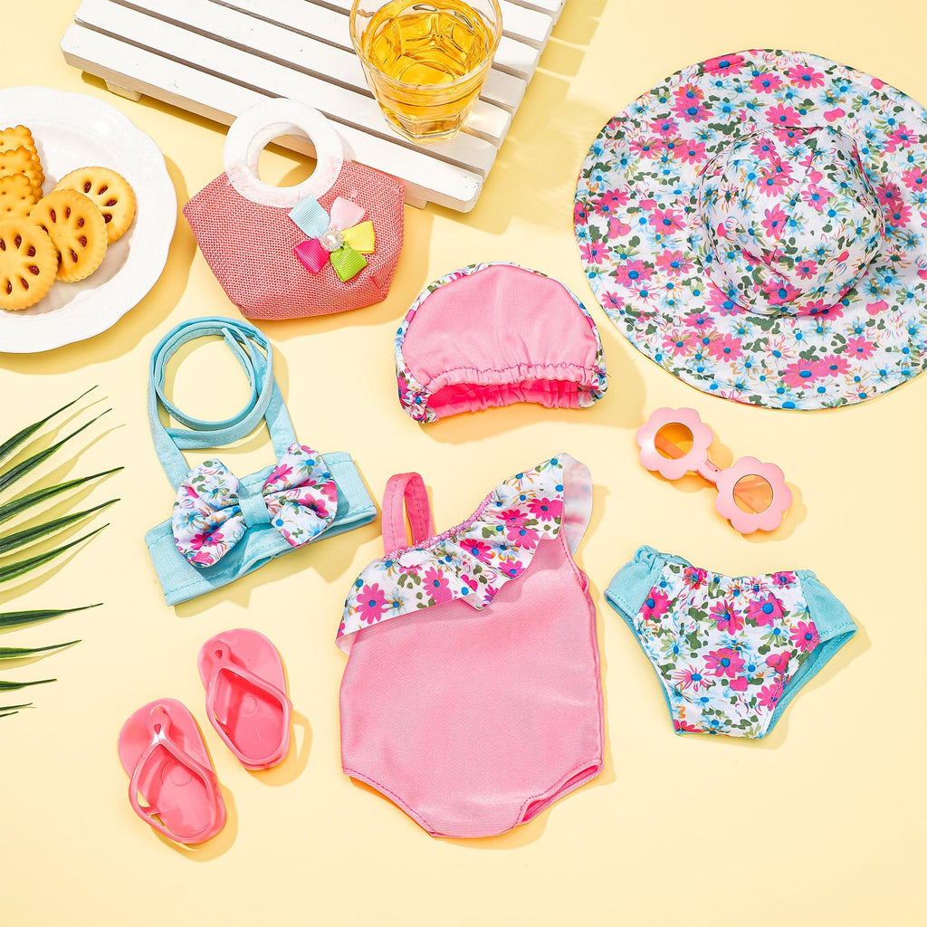 Kajaia 8-Piece 18 Inch Doll Beach Outfit Set with Swimsuits, Sunglasses, Hat and More