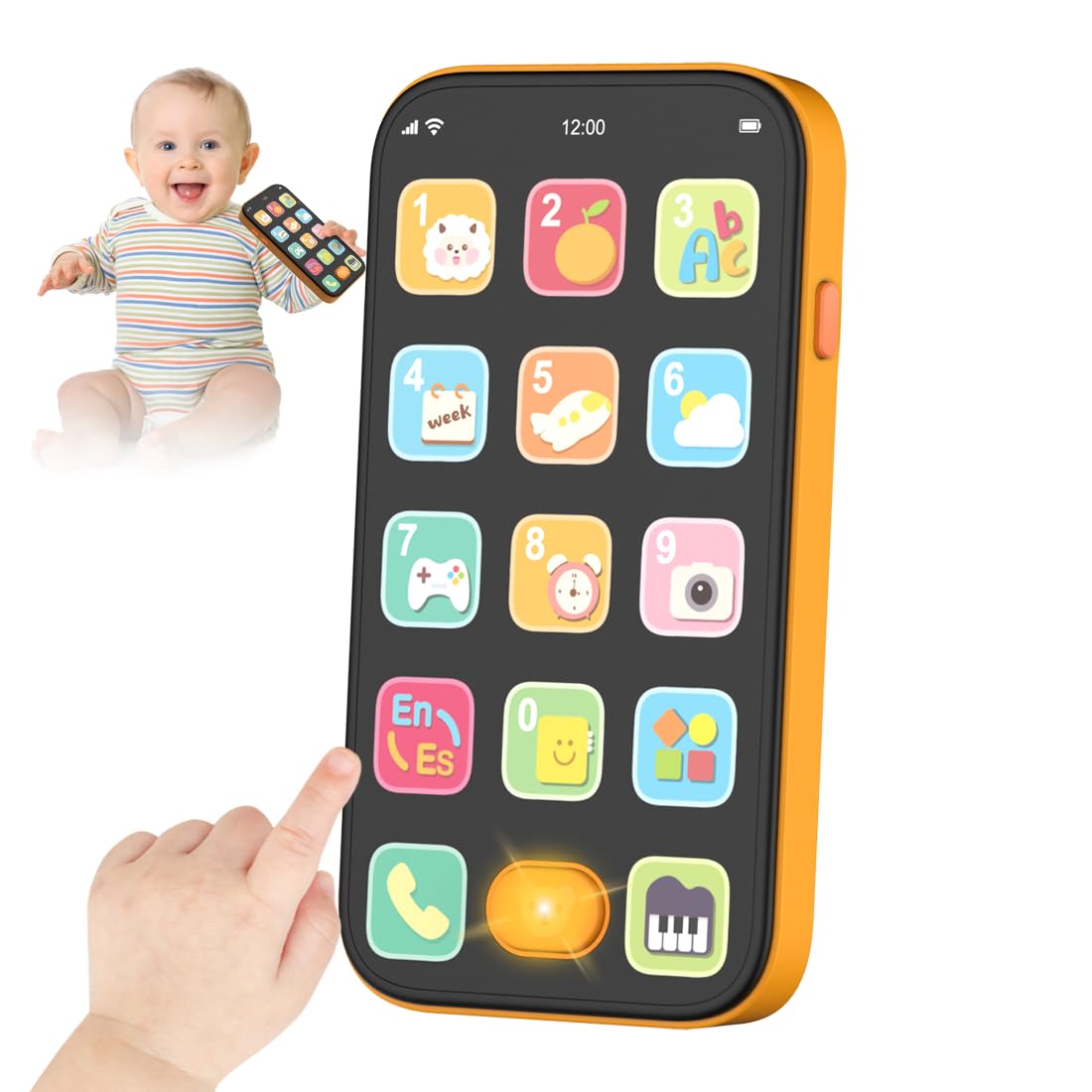 KALUYA Bilingual Baby Phone Toy - Orange Pretend Play Cell Phone with 100+ Sounds, English/Spanish, Ages 6 Months+