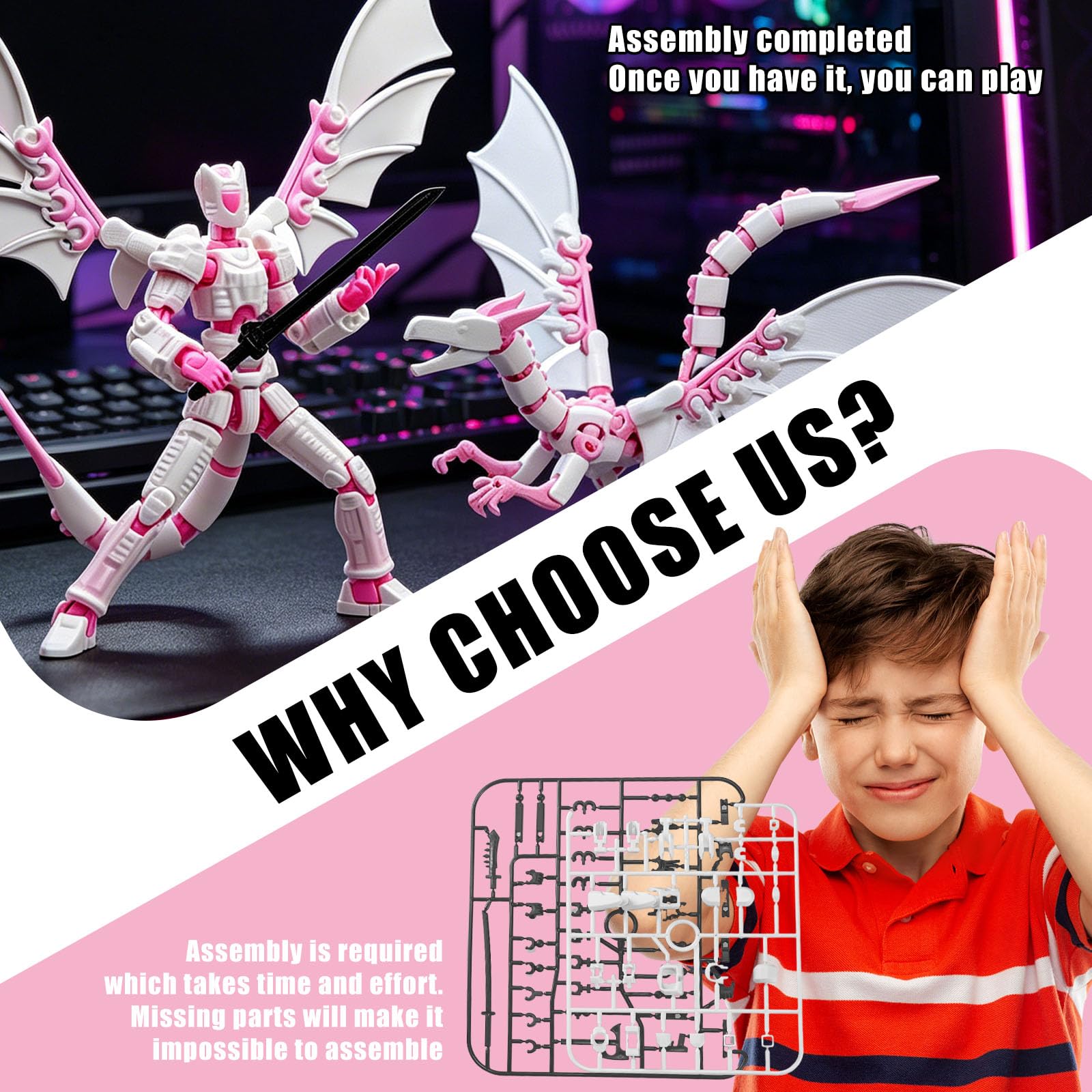 KAMOVNY T13 3D Printed Action Figure – Pink, Fully Assembled, Multi-Jointed with Dragon & Weapons