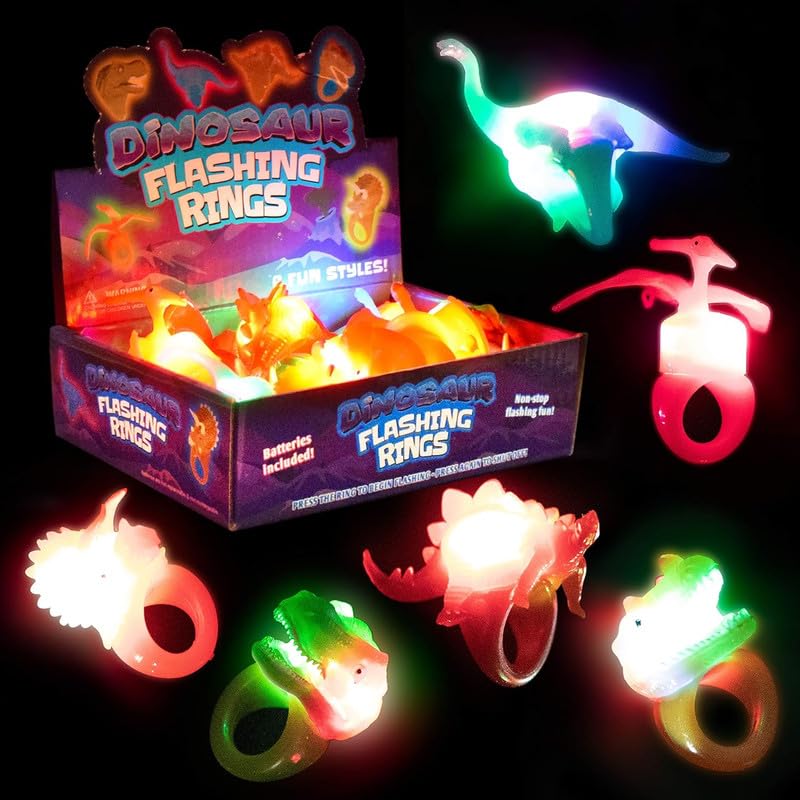 Kangaroo 12-Pack Dinosaur LED Light-up Rings - Flashing Glow in the Dark Party Favors