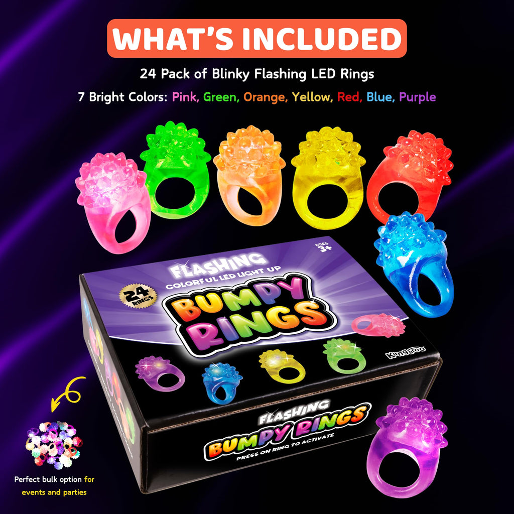 Kangaroo 24 Pack LED Light Up Rings - Bulk Flashing Finger Lights for Parties, Easter, and Rave Favors