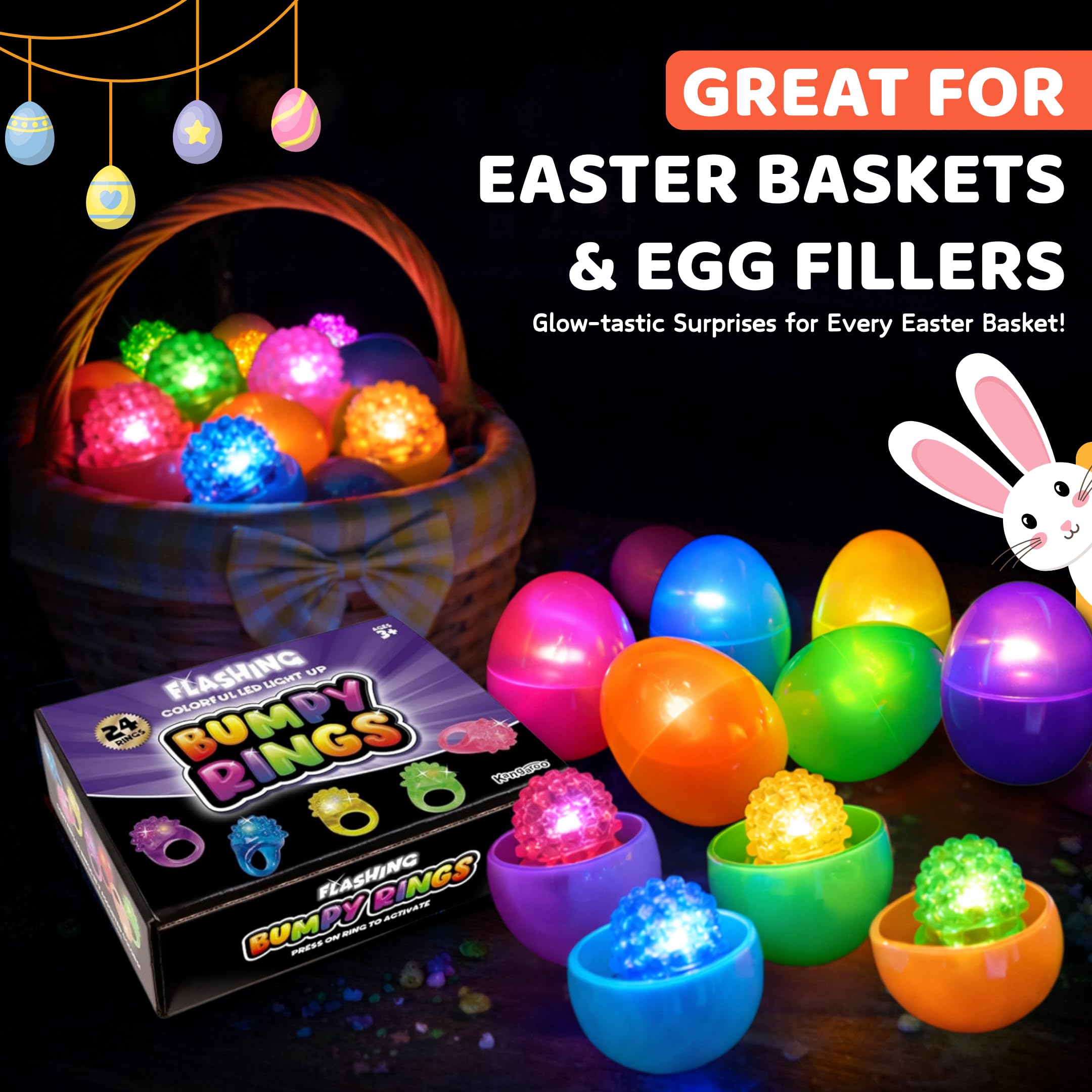 Kangaroo 24 Pack LED Light Up Rings - Bulk Flashing Finger Lights for Parties, Easter, and Rave Favors
