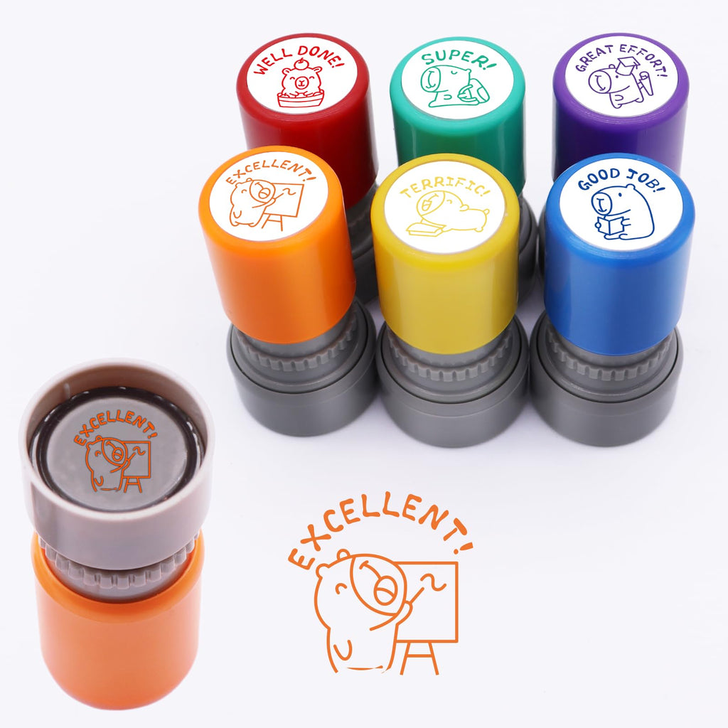 Kapibala 6-Piece Self-Inking Teacher Stamps Set - Motivational Grading Stamps with Cute Capybara Designs for Classroom Rewards