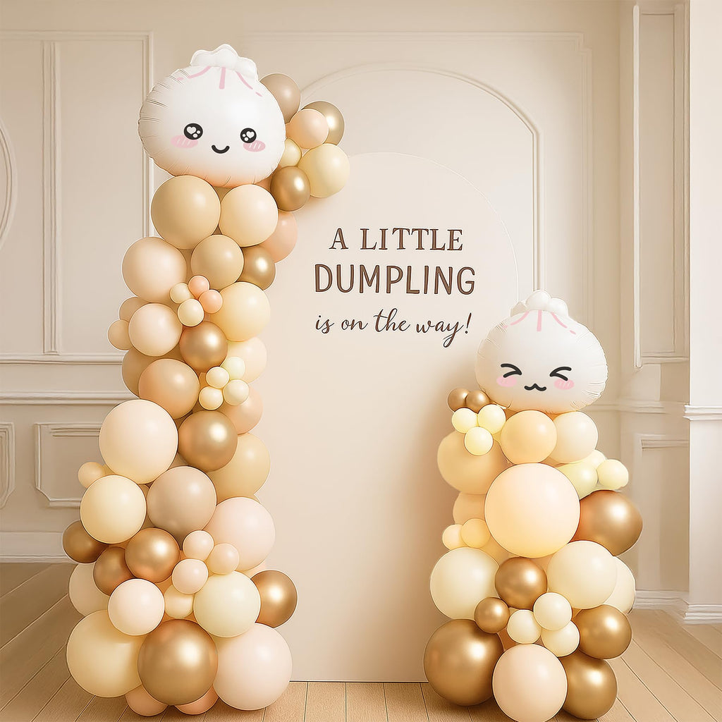 KARAQY 125-Piece Dumpling Baby Shower Balloon Garland Set - Neutral Latex Balloons with Adorable Faces