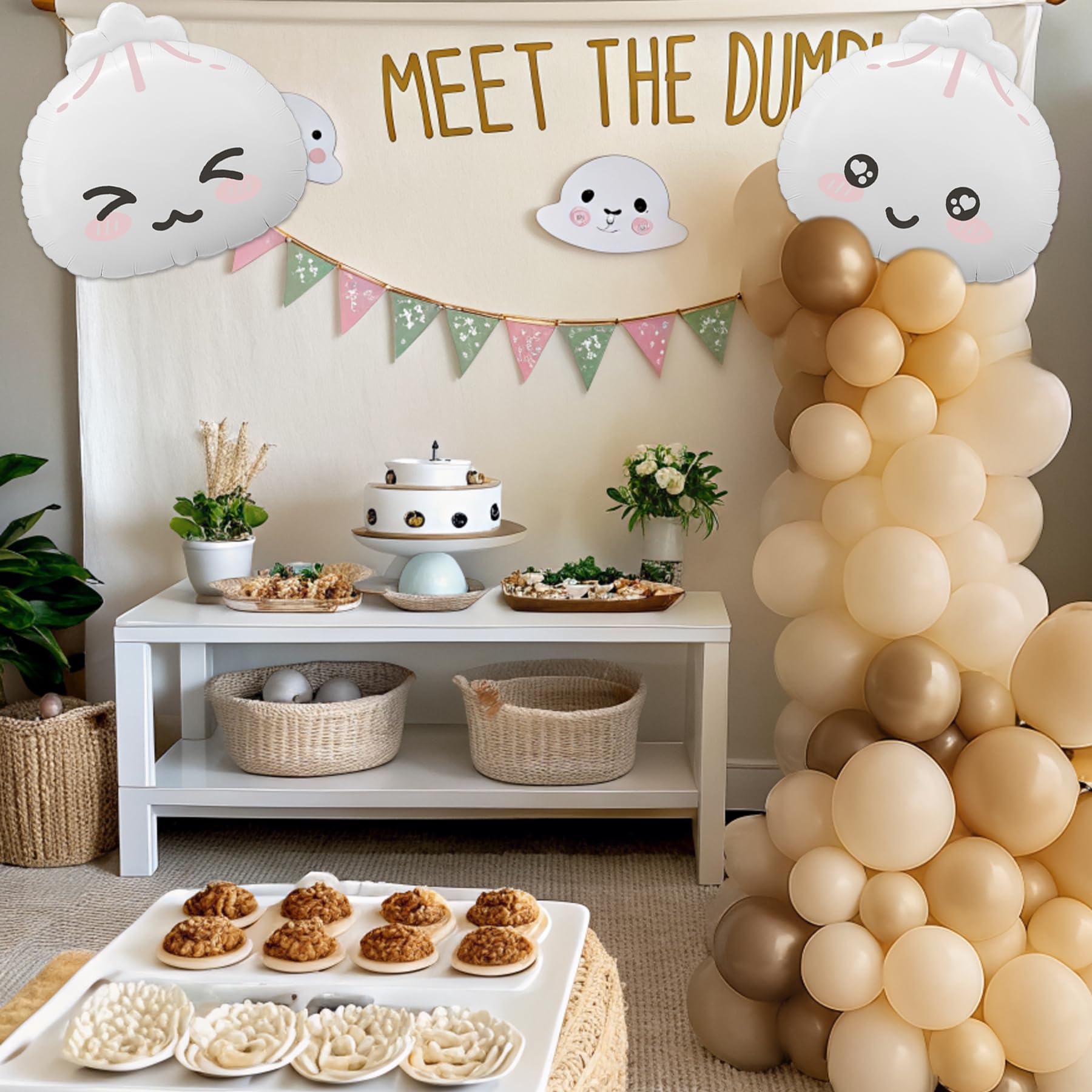 KARAQY 125-Piece Dumpling Baby Shower Balloon Garland Set - Neutral Latex Balloons with Adorable Faces