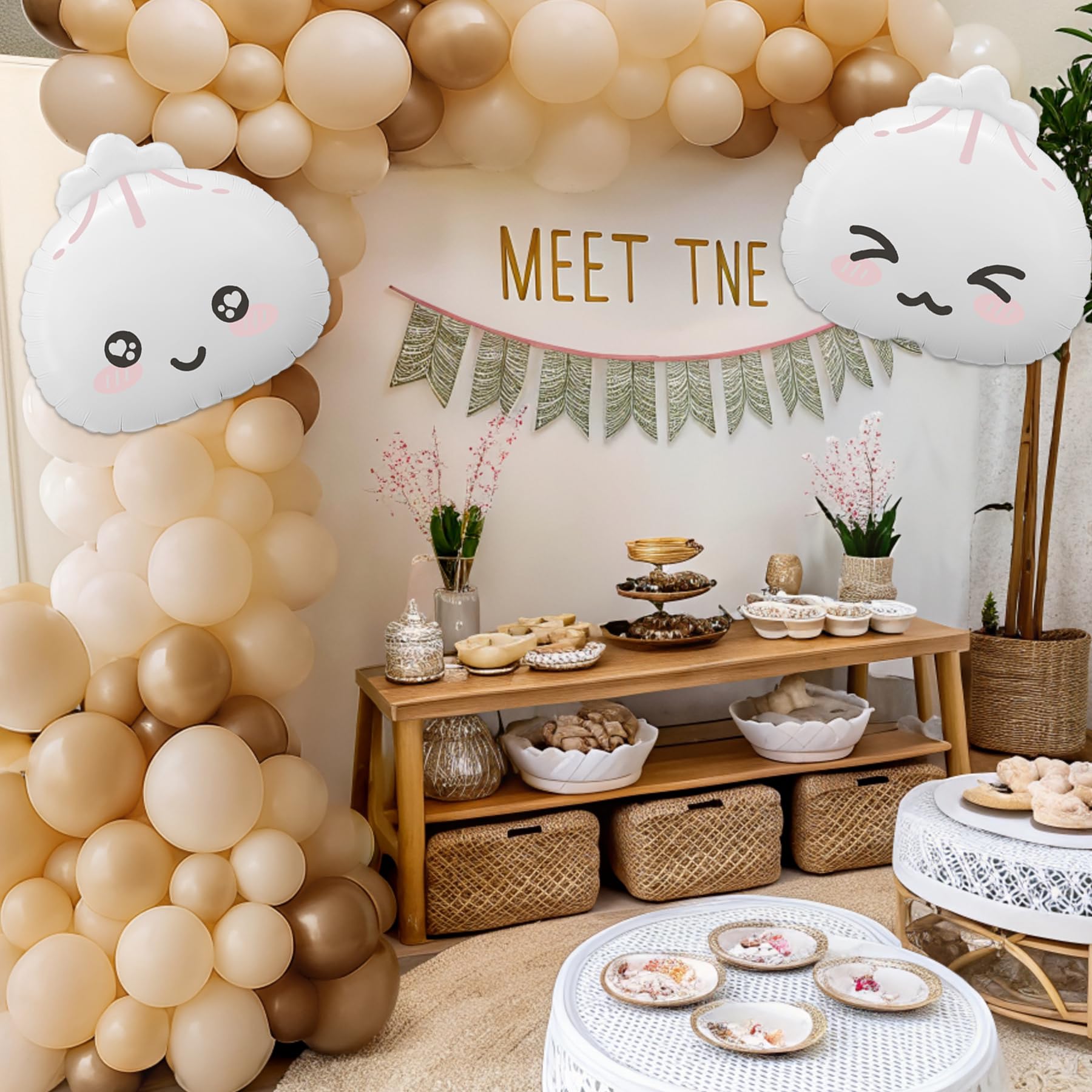 KARAQY 125-Piece Dumpling Baby Shower Balloon Garland Set - Neutral Latex Balloons with Adorable Faces