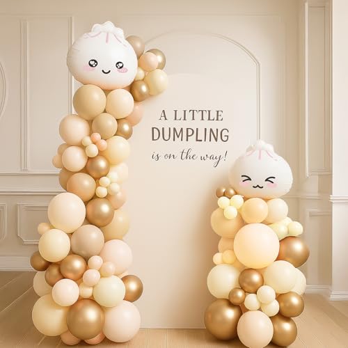 KARAQY 125-Piece Dumpling Baby Shower Balloon Garland Set - Neutral Latex Balloons with Adorable Faces