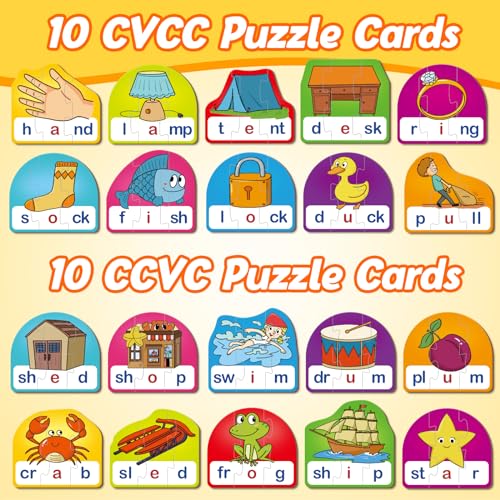 Kasfalci CVCC & CCVC Puzzle Cards - Phonics Word Games for Kids, Speech Therapy Toys