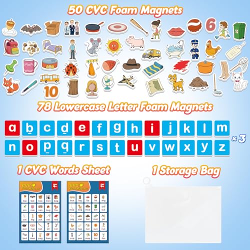 Kasfalci Magnetic Letters & CVC Word Games - 130 Pieces Phonics Set for Kids
