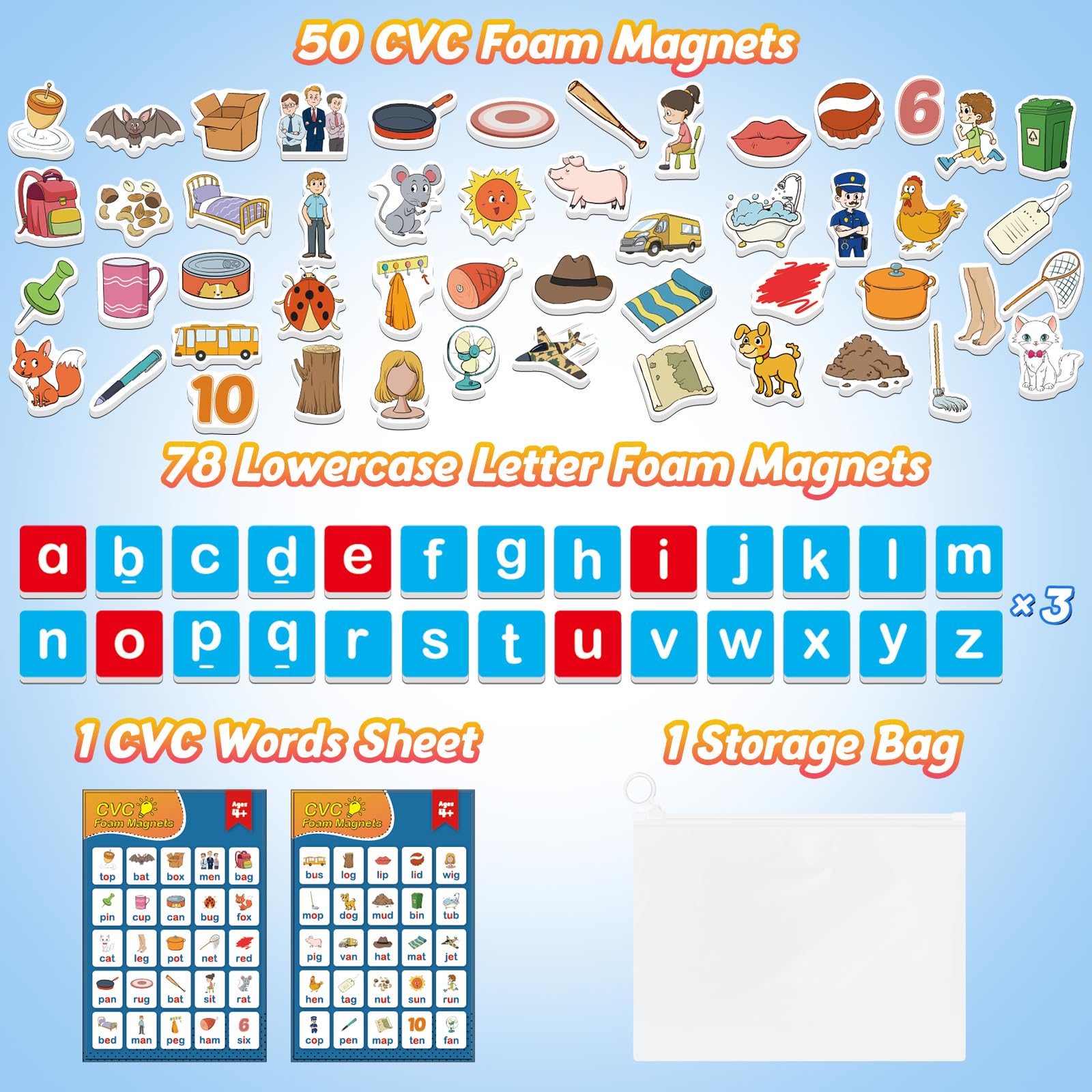 Kasfalci Magnetic Letters & CVC Word Games - 130 Pieces Phonics Set for Kids