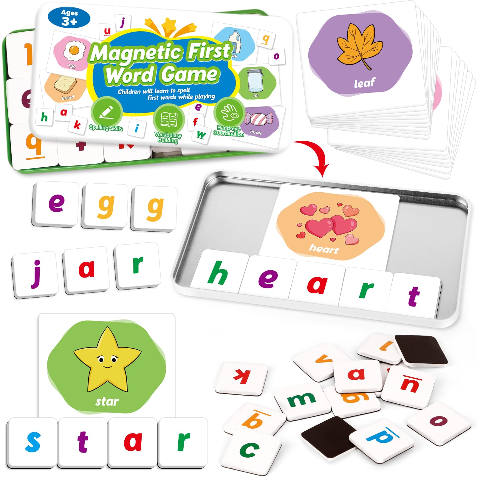 Kasfalci Magnetic Letters & First Word Flash Cards Set - 52 ABC Magnets with Phonics Games for Toddlers