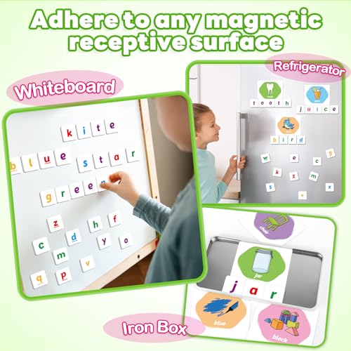 Kasfalci Magnetic Letters & First Word Flash Cards Set - 52 ABC Magnets with Phonics Games for Toddlers
