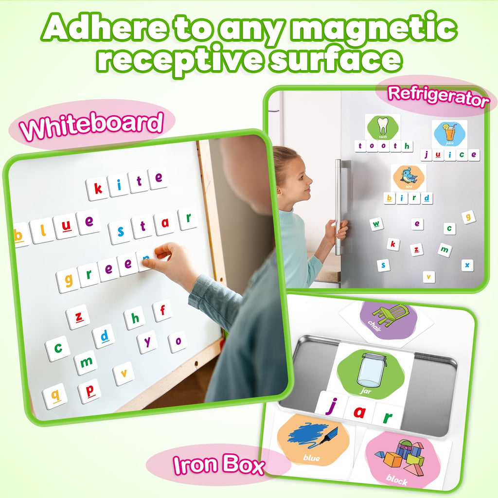 Kasfalci Magnetic Letters & First Word Flash Cards Set - 52 ABC Magnets with Phonics Games for Toddlers