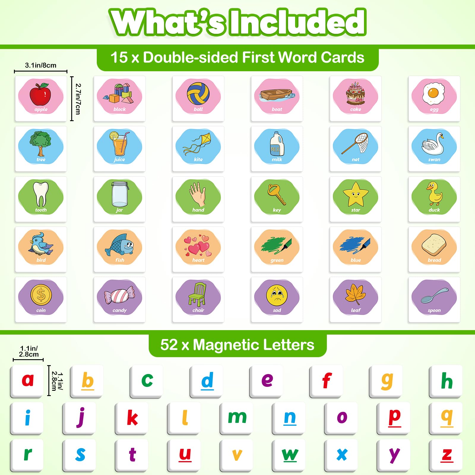 Kasfalci Magnetic Letters & First Word Flash Cards Set - 52 ABC Magnets with Phonics Games for Toddlers