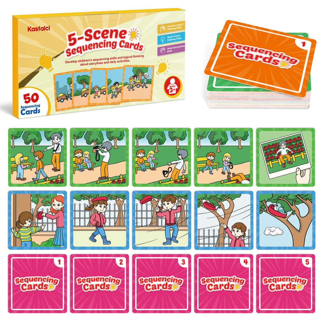 Kasfalci Sequencing Cards for Kids - 50-Piece Sequence Game for Speech Therapy, Autism, and Preschool Learning Activities