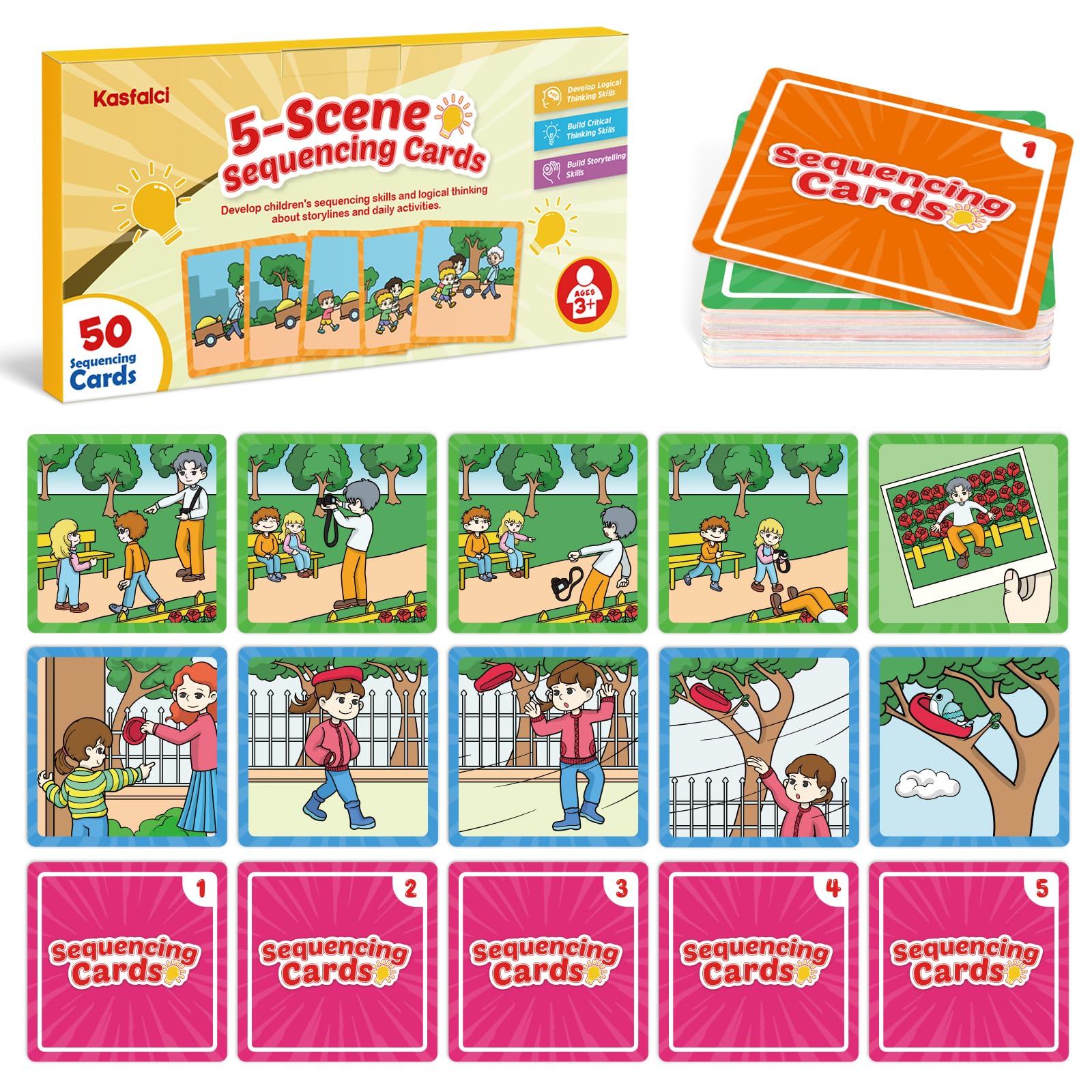 Kasfalci Sequencing Cards for Kids - 50-Piece Sequence Game for Speech Therapy, Autism, and Preschool Learning Activities
