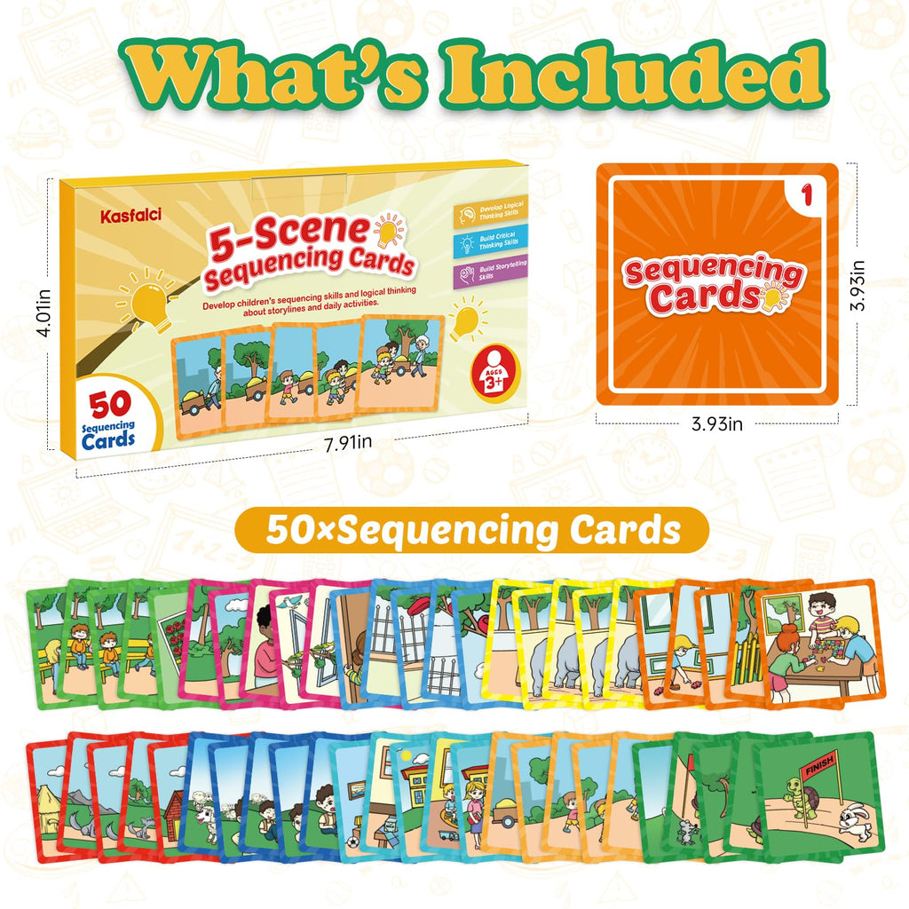 Kasfalci Sequencing Cards for Kids - 50-Piece Sequence Game for Speech Therapy, Autism, and Preschool Learning Activities