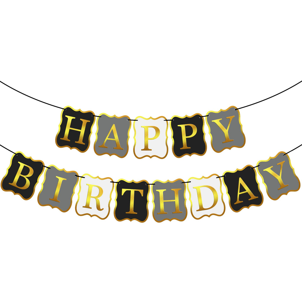 KatchOn 10-Foot Black & Gold Happy Birthday Banner – Pre-Strung No DIY, Reusable Cardstock