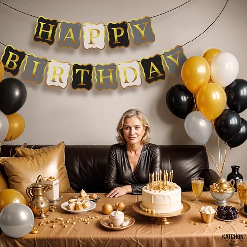 KatchOn 10-Foot Black & Gold Happy Birthday Banner – Pre-Strung No DIY, Reusable Cardstock