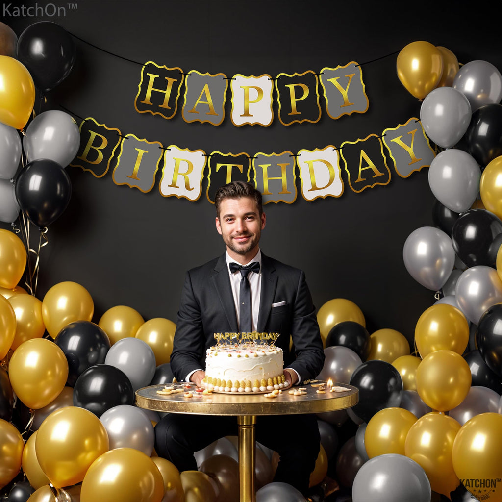KatchOn 10-Foot Black & Gold Happy Birthday Banner – Pre-Strung No DIY, Reusable Cardstock