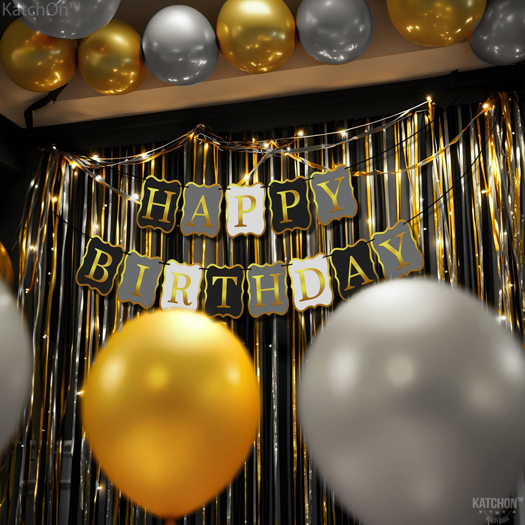 KatchOn 10-Foot Black & Gold Happy Birthday Banner – Pre-Strung No DIY, Reusable Cardstock