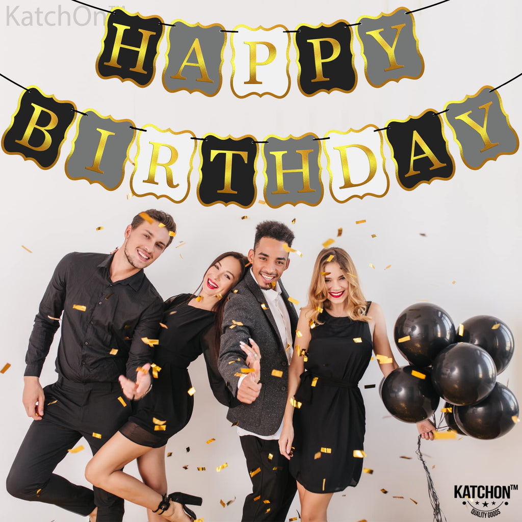 KatchOn 10-Foot Black & Gold Happy Birthday Banner – Pre-Strung No DIY, Reusable Cardstock