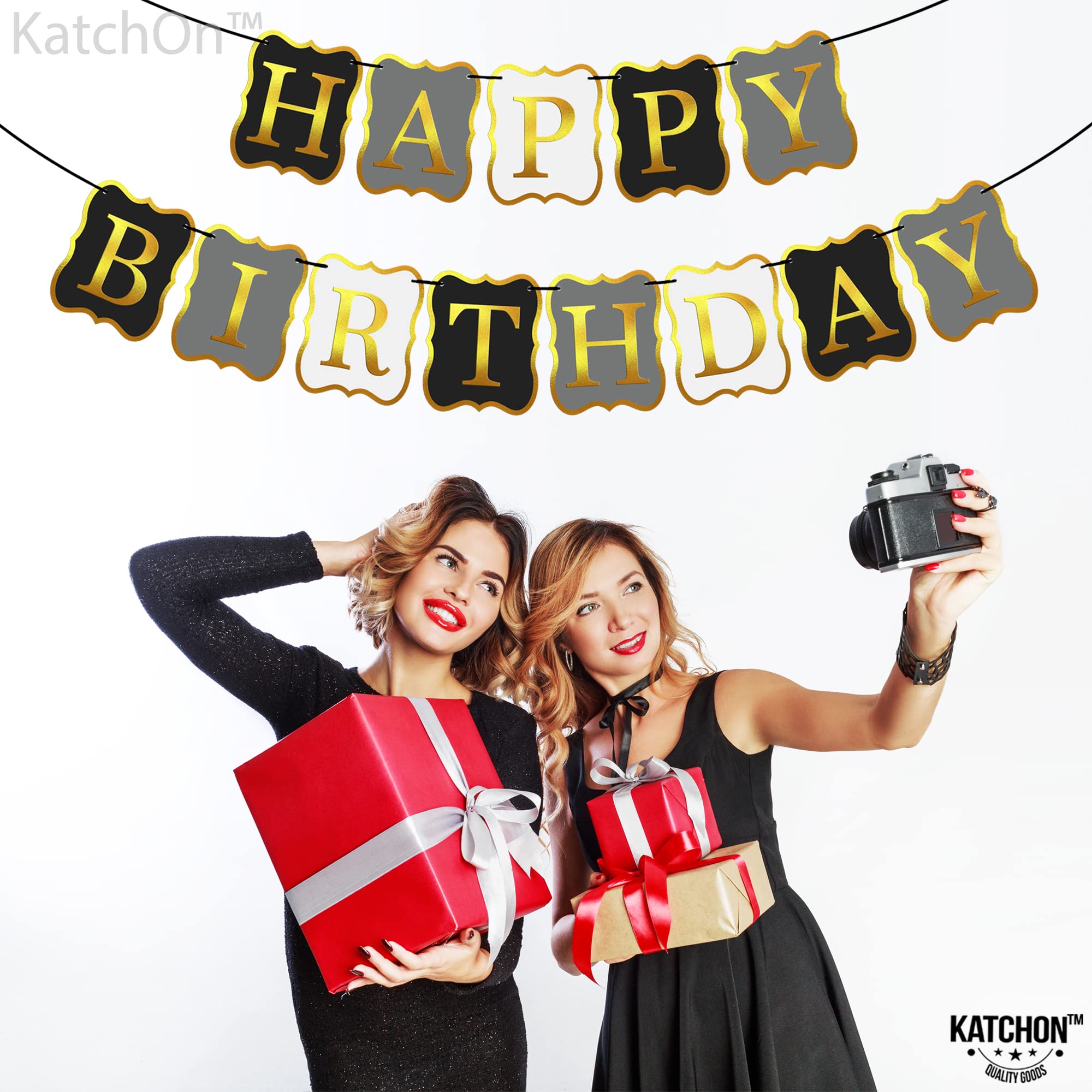 KatchOn 10-Foot Black & Gold Happy Birthday Banner – Pre-Strung No DIY, Reusable Cardstock