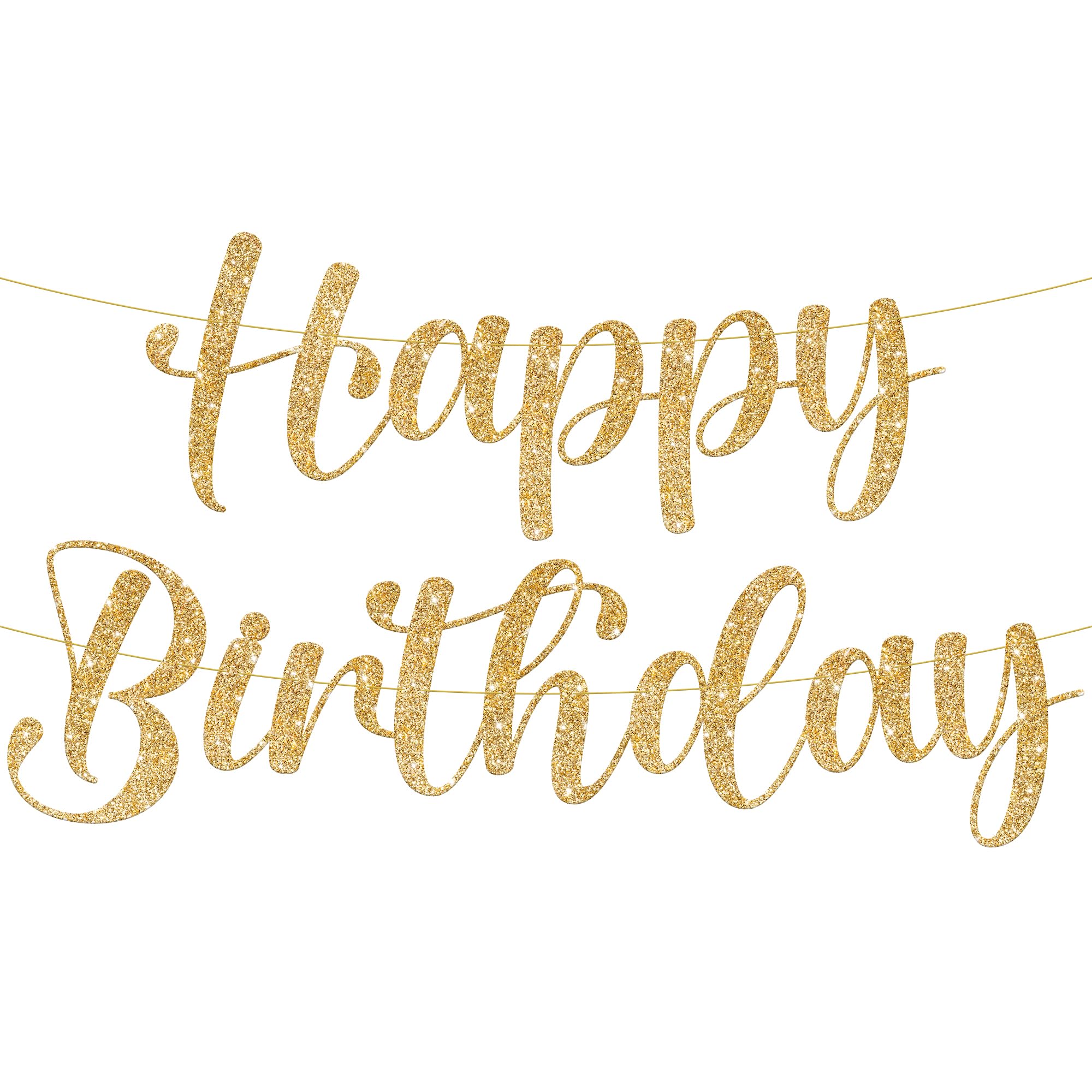 KatchOn 10ft Glitter Gold Happy Birthday Banner – Pre-Strung Cursive Banner for Party Decor
